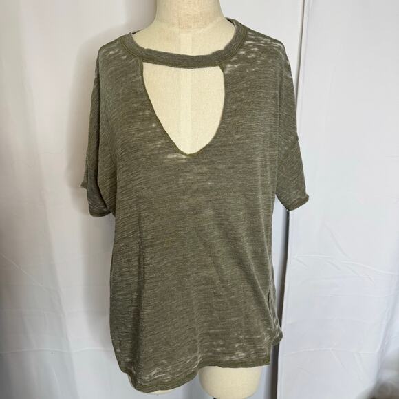 We The Free Free People Olive Distressed Cutout Tee Top Size S Oversized Boho - Picture 2 of 9